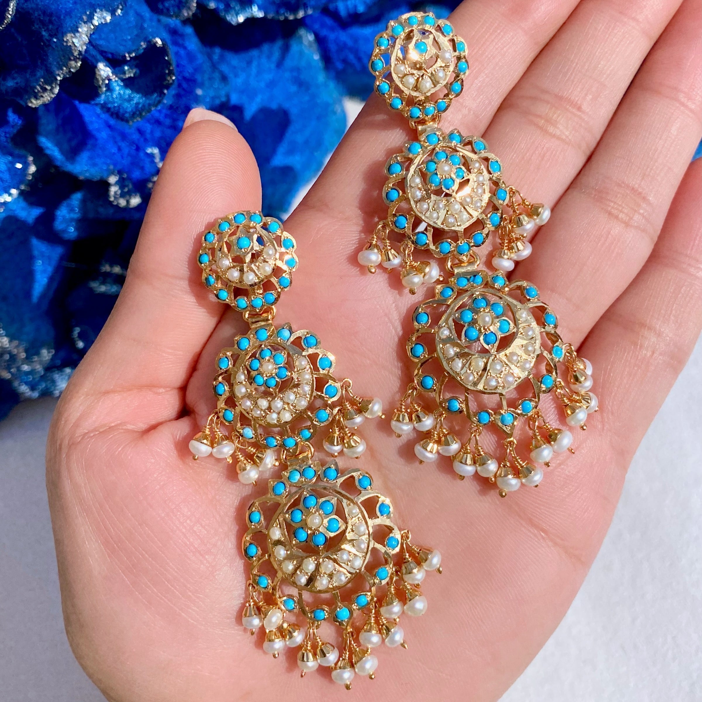 Tall Firoza Danglers | Gold Plated Turquoise Earrings ER 486