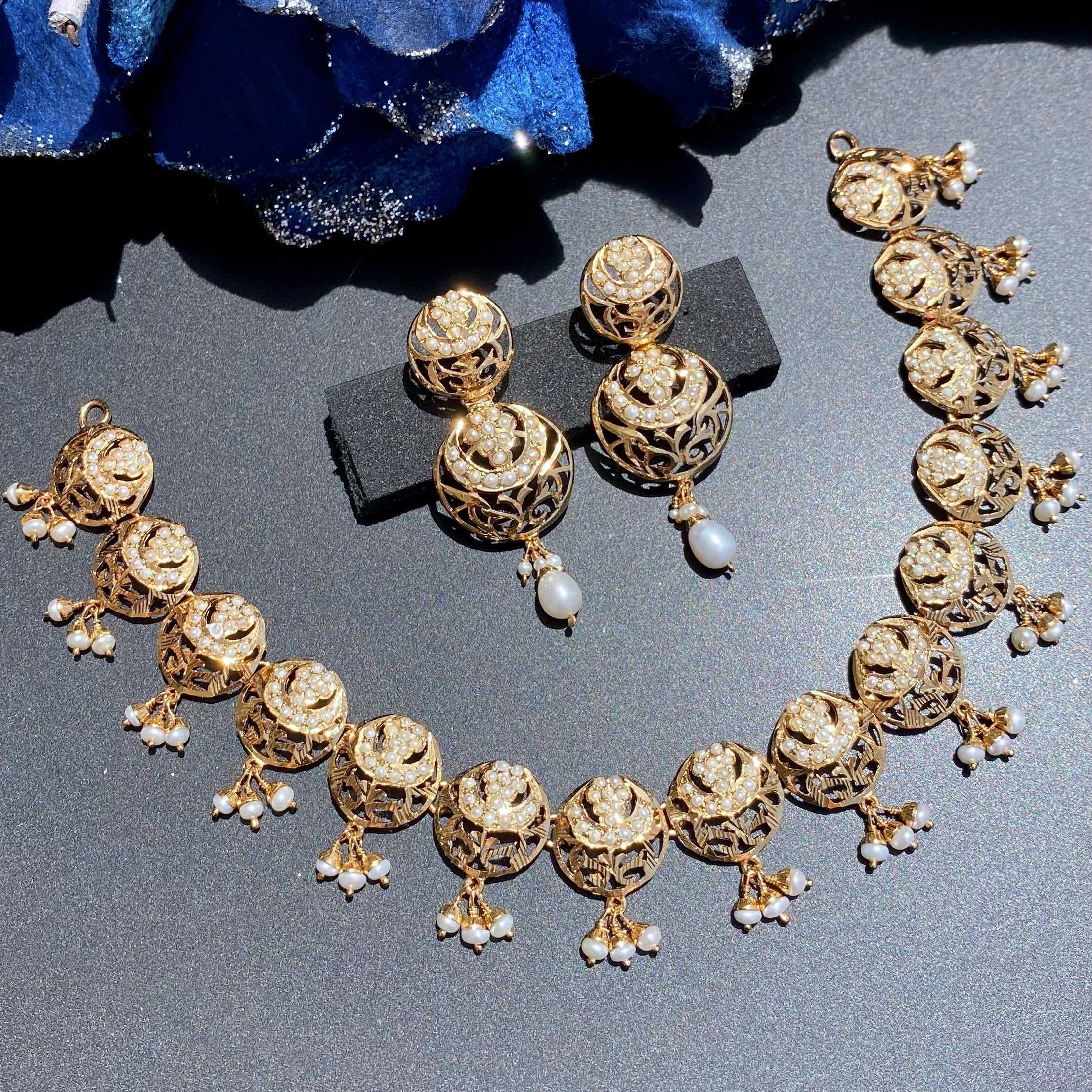 Intricately Designed Necklace Set with Jaali Work | Gold Plated on Silver | Freshwater Pearl Jewelry NS 408