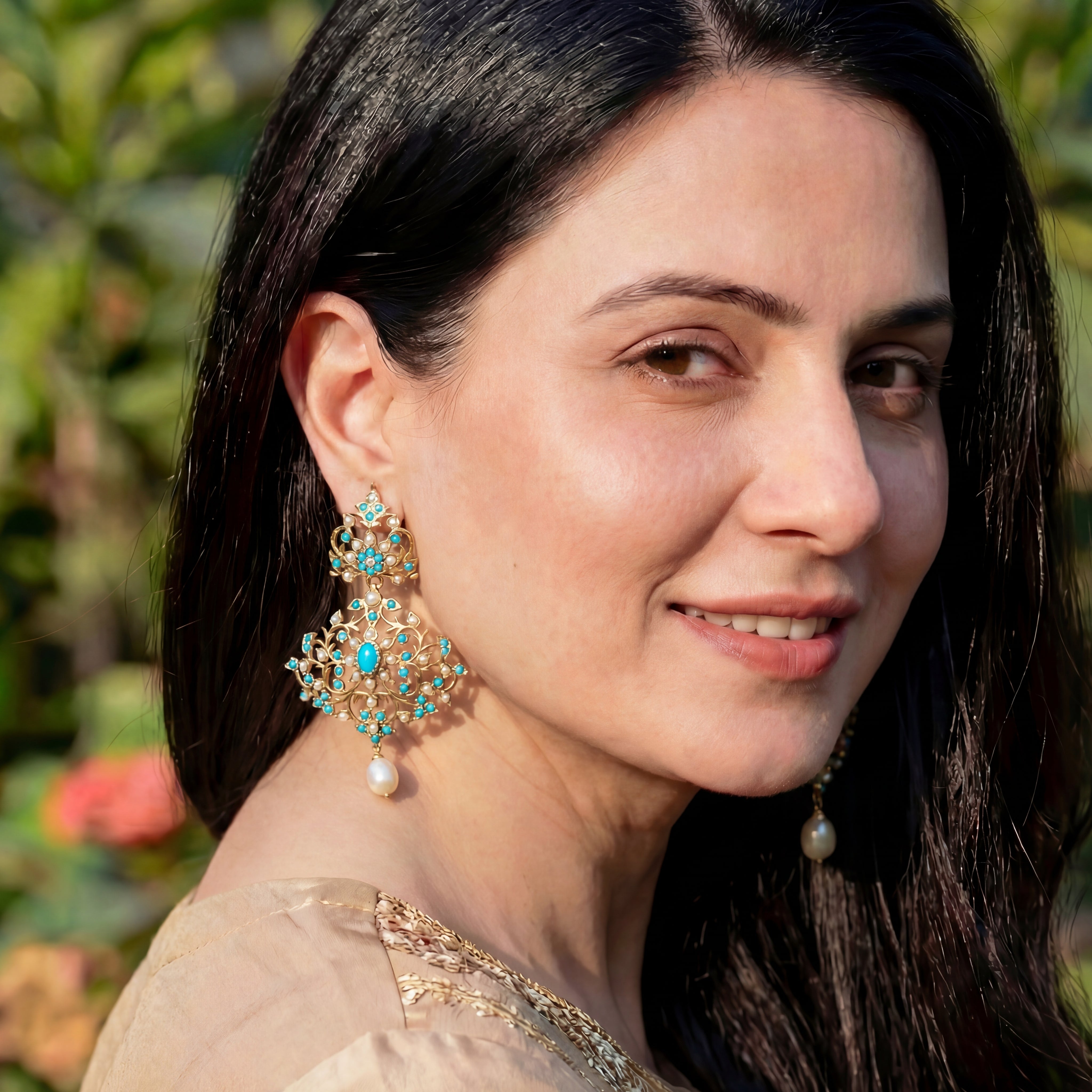 Unique Indian Earrings | Turquoise & Pearls Studded | 92.5 Silver with Gold Plating ER 014