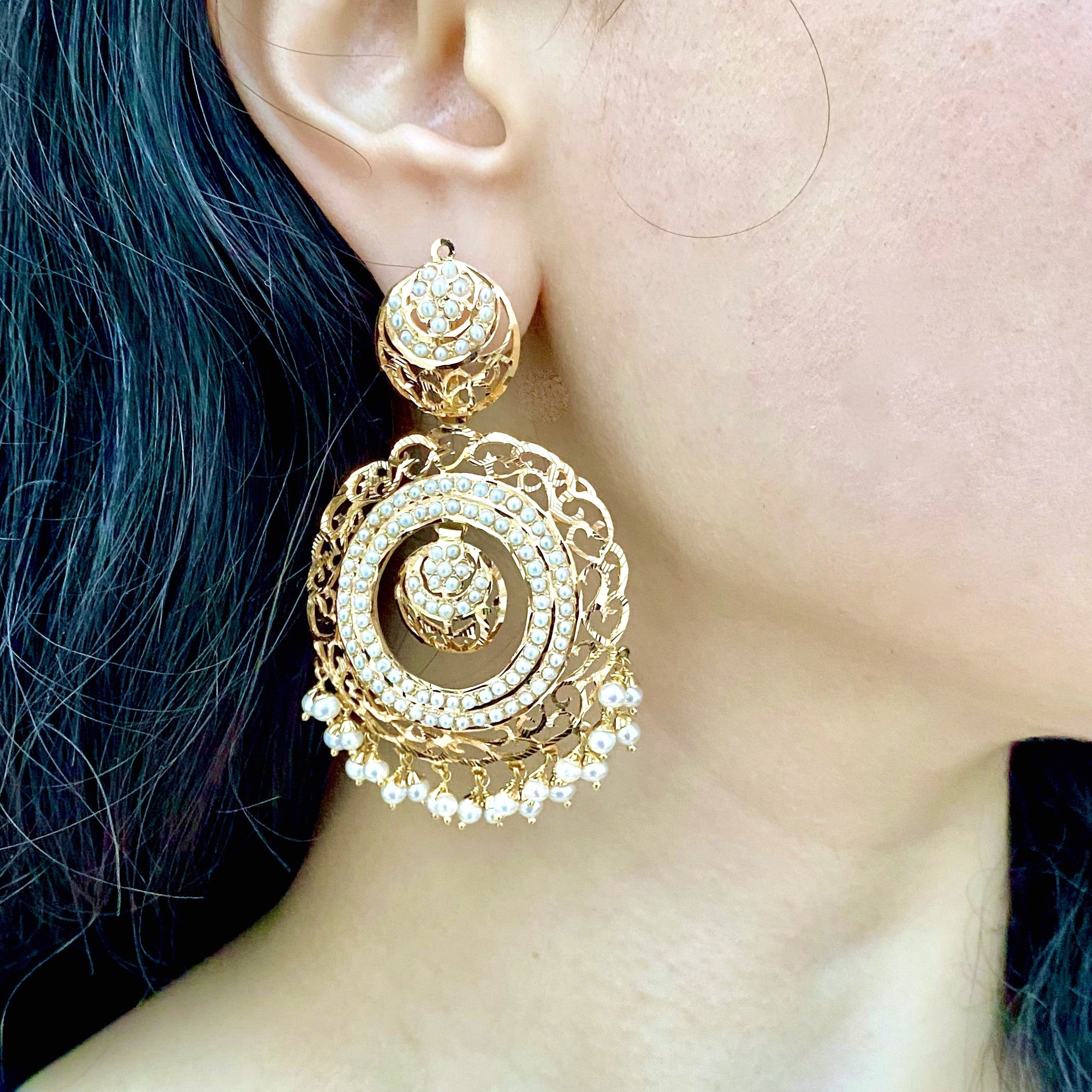 large pearl chandbali earrings made on 22k gold indian
