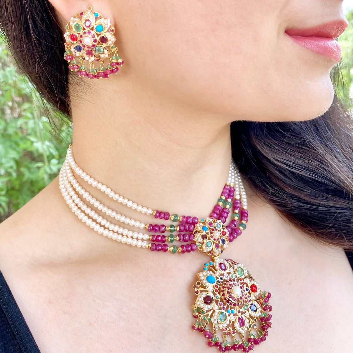 real gold navratna necklace set with pearl strands for women online