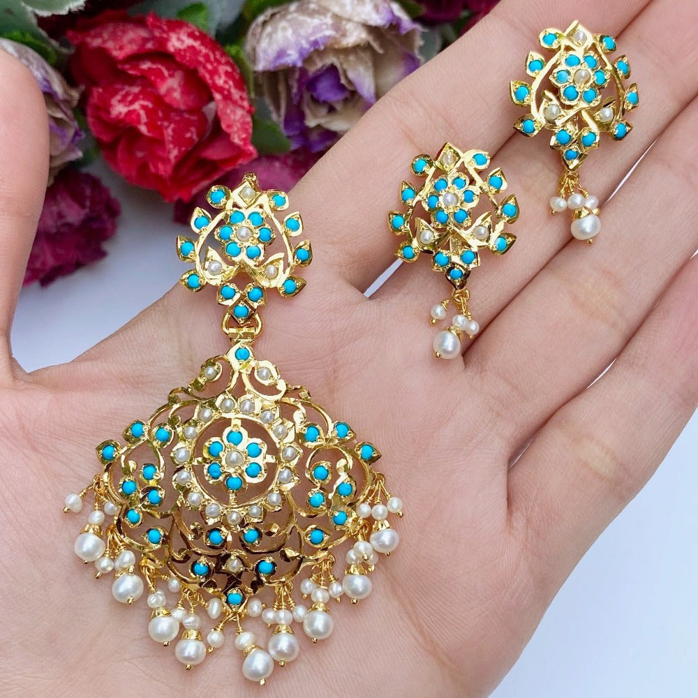 jadau feroza pendant set on silver with gold plating