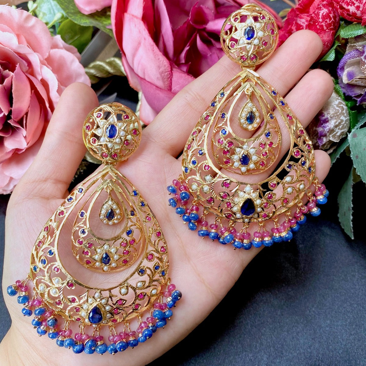 bridal chandbali earrings made on sterling silver with gold plated and studded with pearls and stones