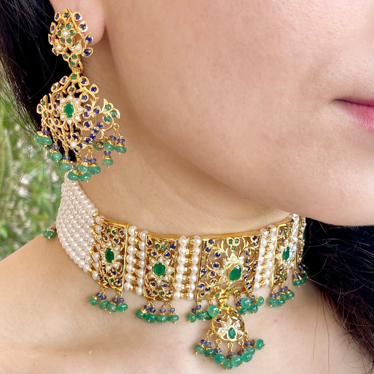 Emerald Choker Sets | Sterling Silver with Gold Plating