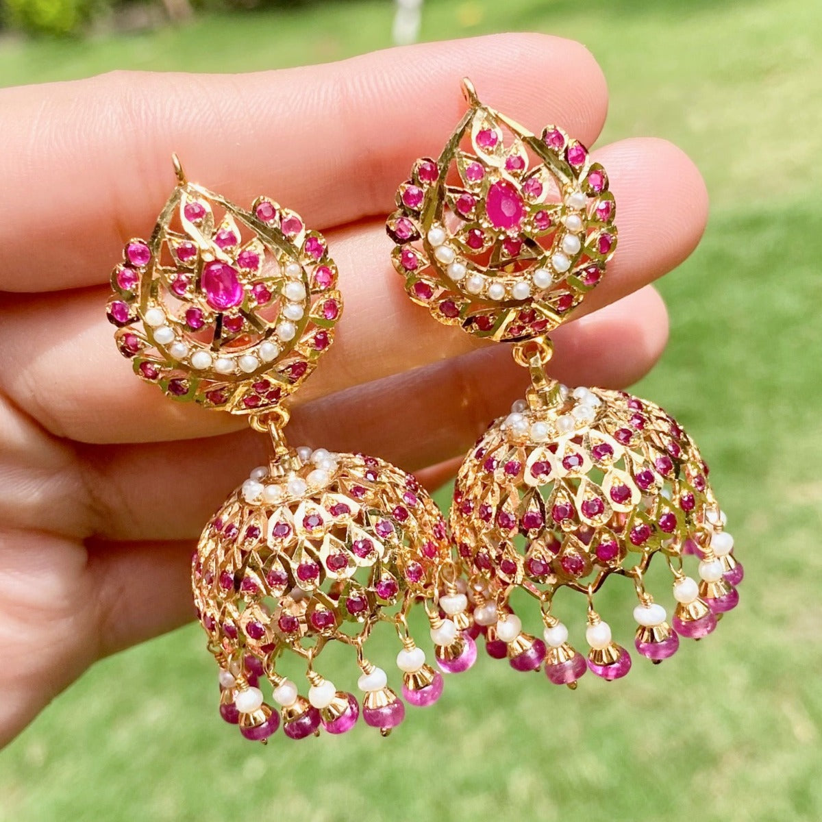 Ruby Jhumka Earrings | 925 Sterling Silver with Gold Plating