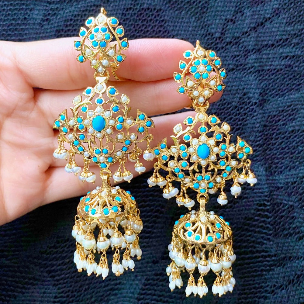 feroza jhumka earrings for women. turquoise earrings gold plated on silver