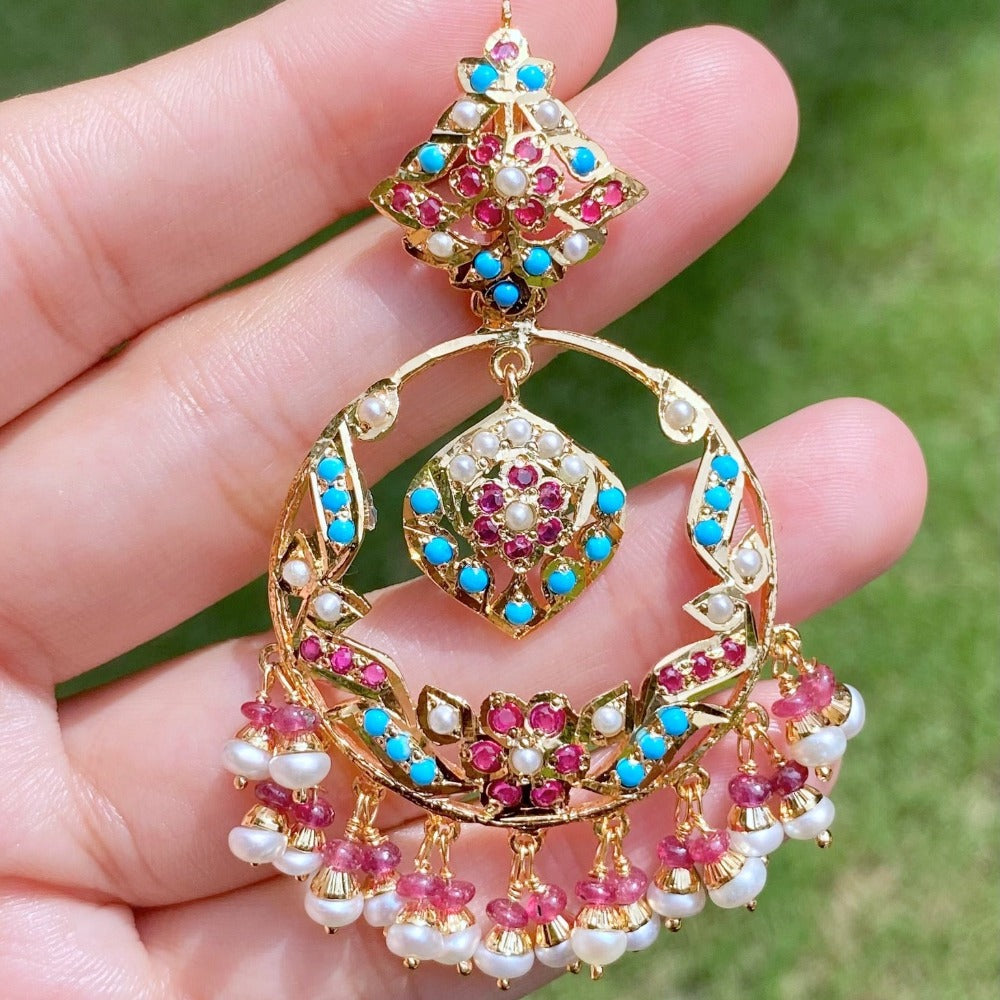 Hyderabadi Chandbali earrings made on sterling silver with gold plating