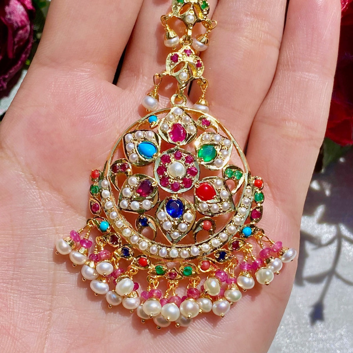 indian navaratna maang teeka for women on sterling silver base with gold plating