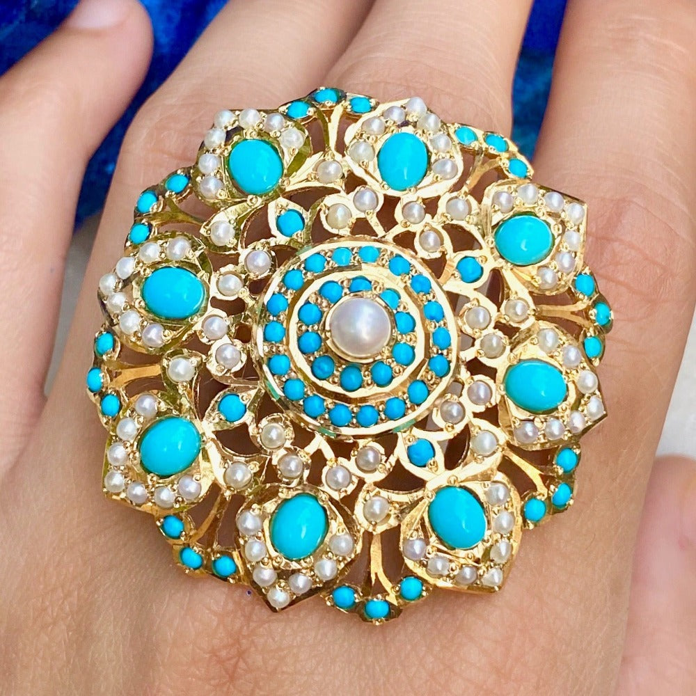 Feroza Rings | Pearl & Turquoise | Gold Plated on Silver