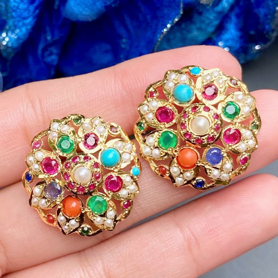 navratna stud earrings for women on sterling silver with gold plating