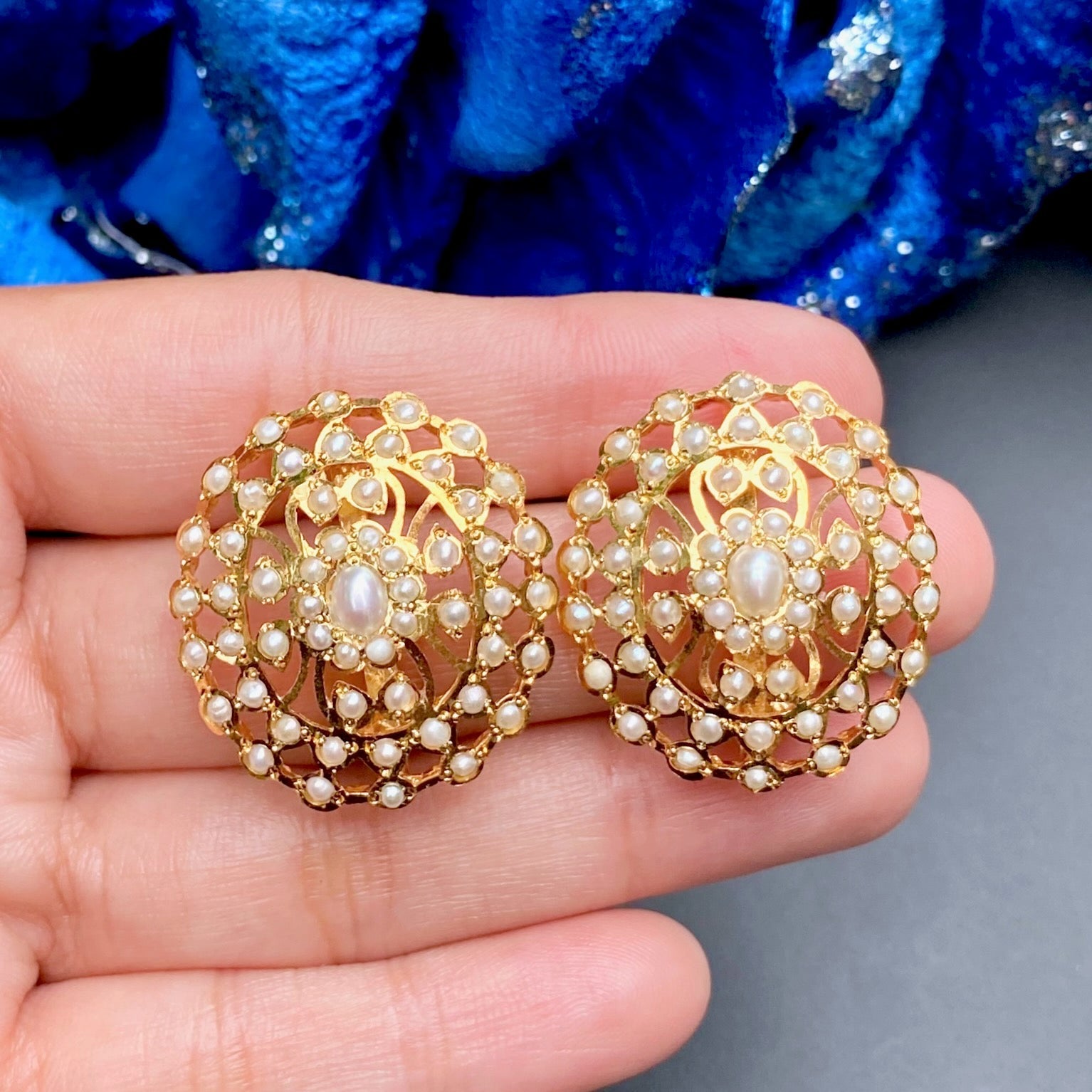 pearl studs on gold plated silver for women