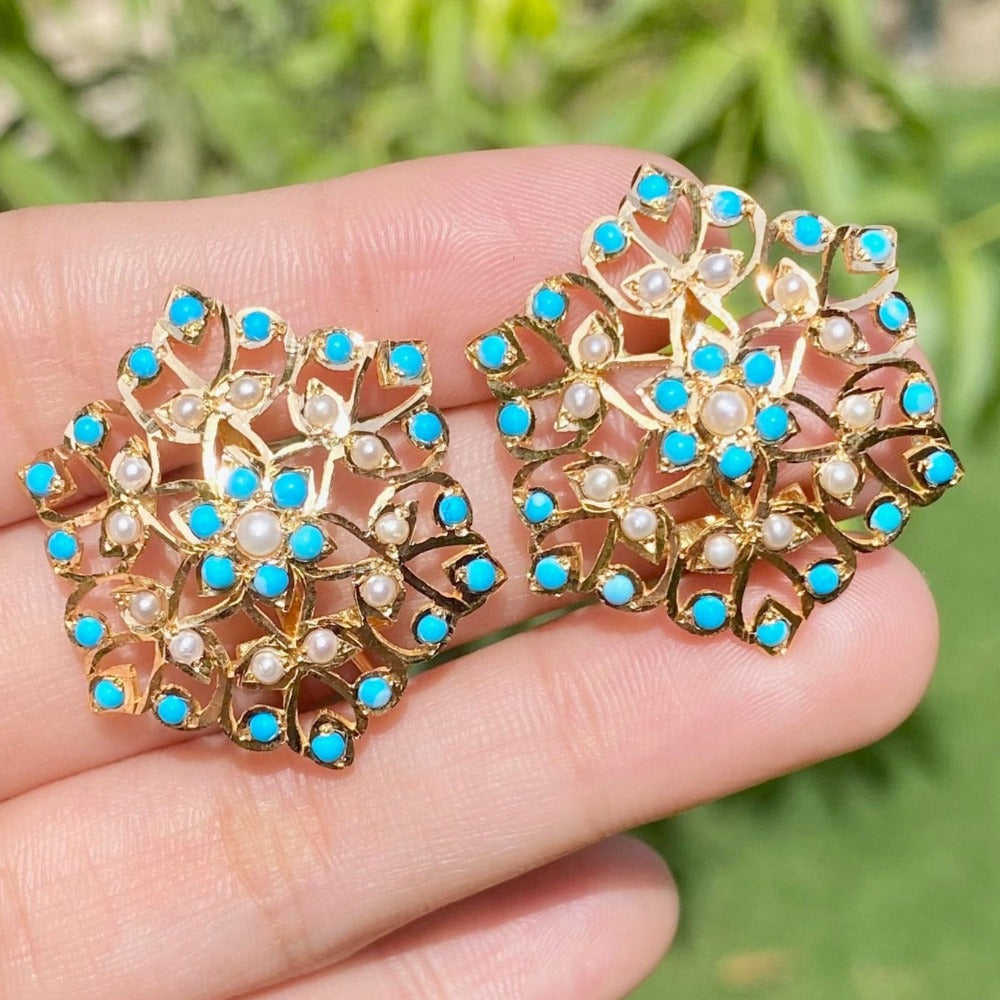 pearl and turquoise earrings on 22k gold made with indian jadau technique