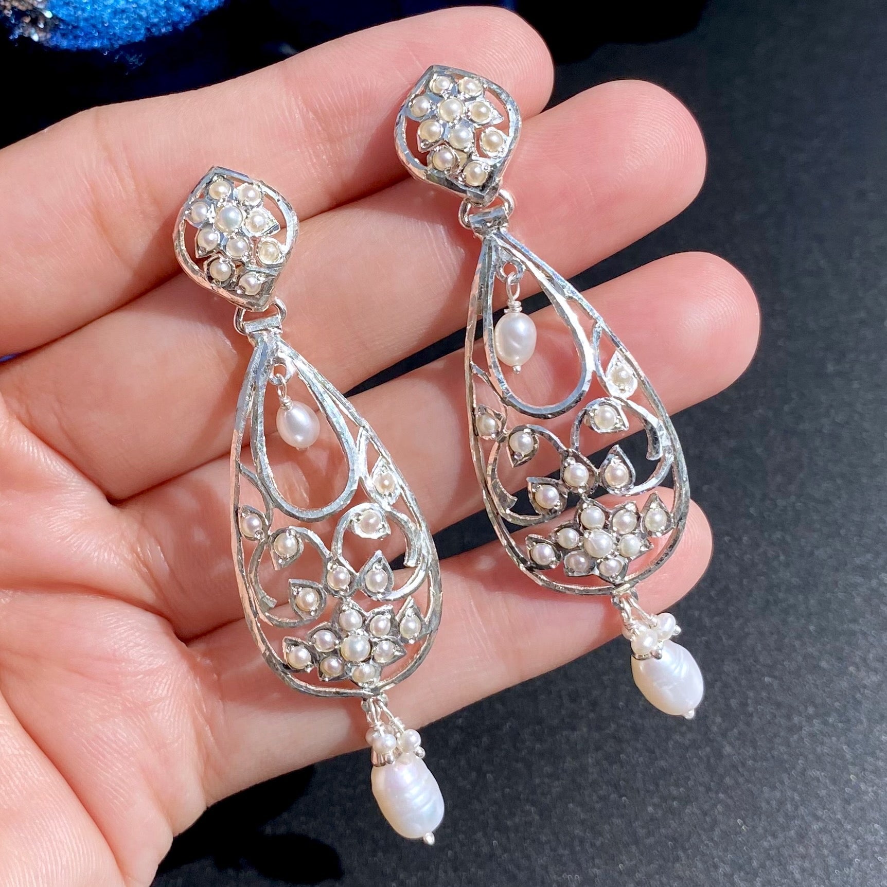 White Silver indian Earrings | 925 Sterling Silver with Freshwater Pearls & Stones