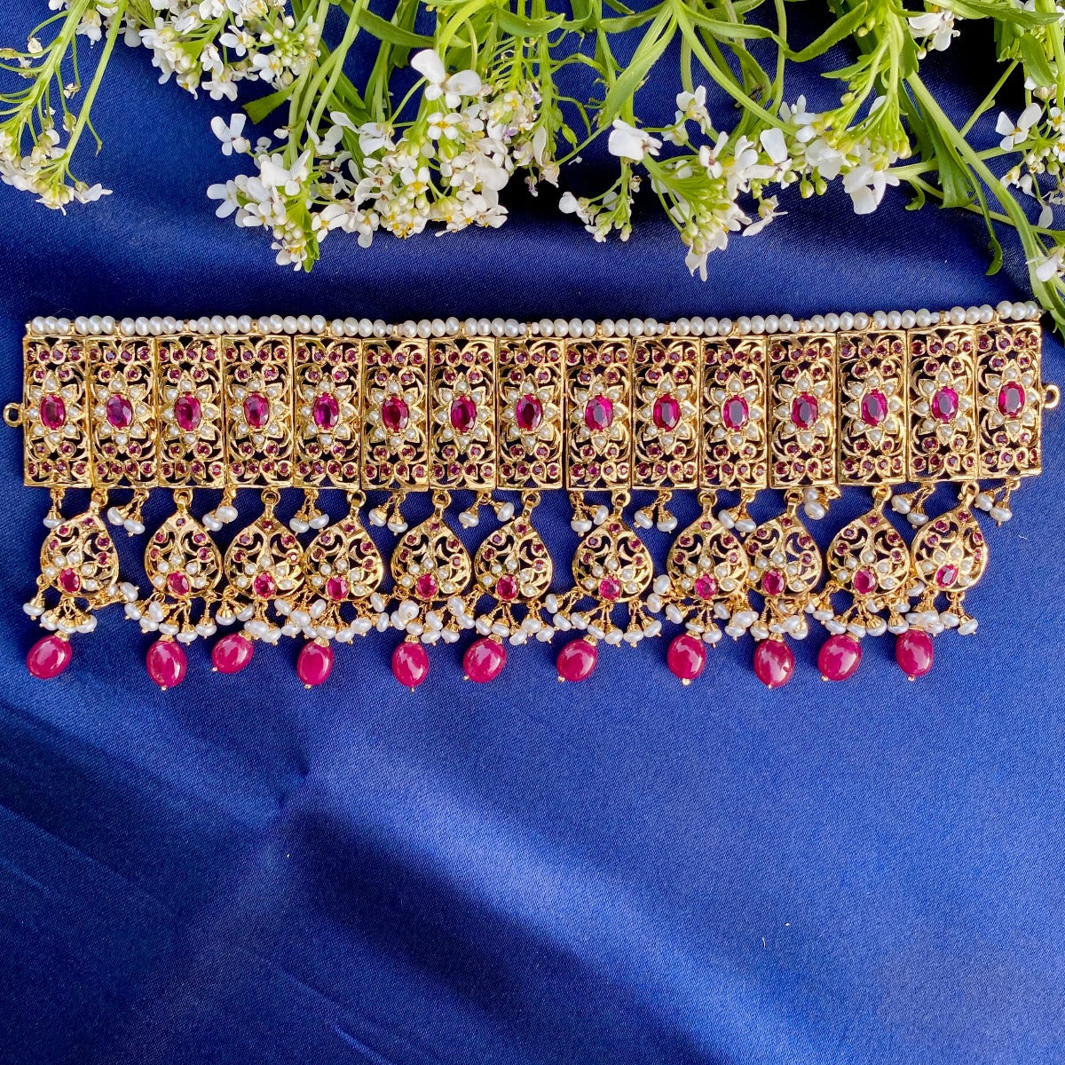 indian pearl and ruby choker gold plated on silver