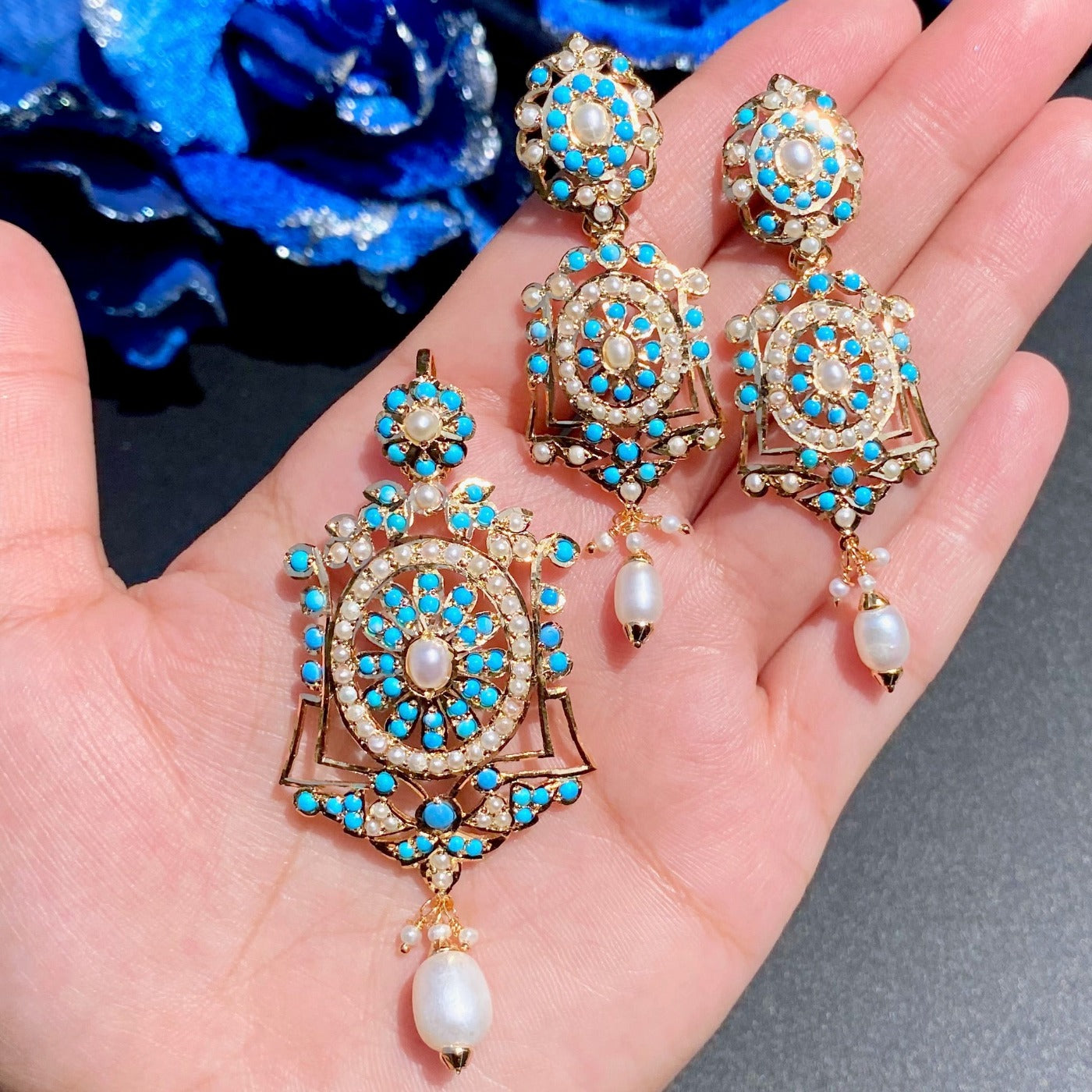 Feroza Pendant Sets | Turquoise & Pearls | Gold Plated on Silver