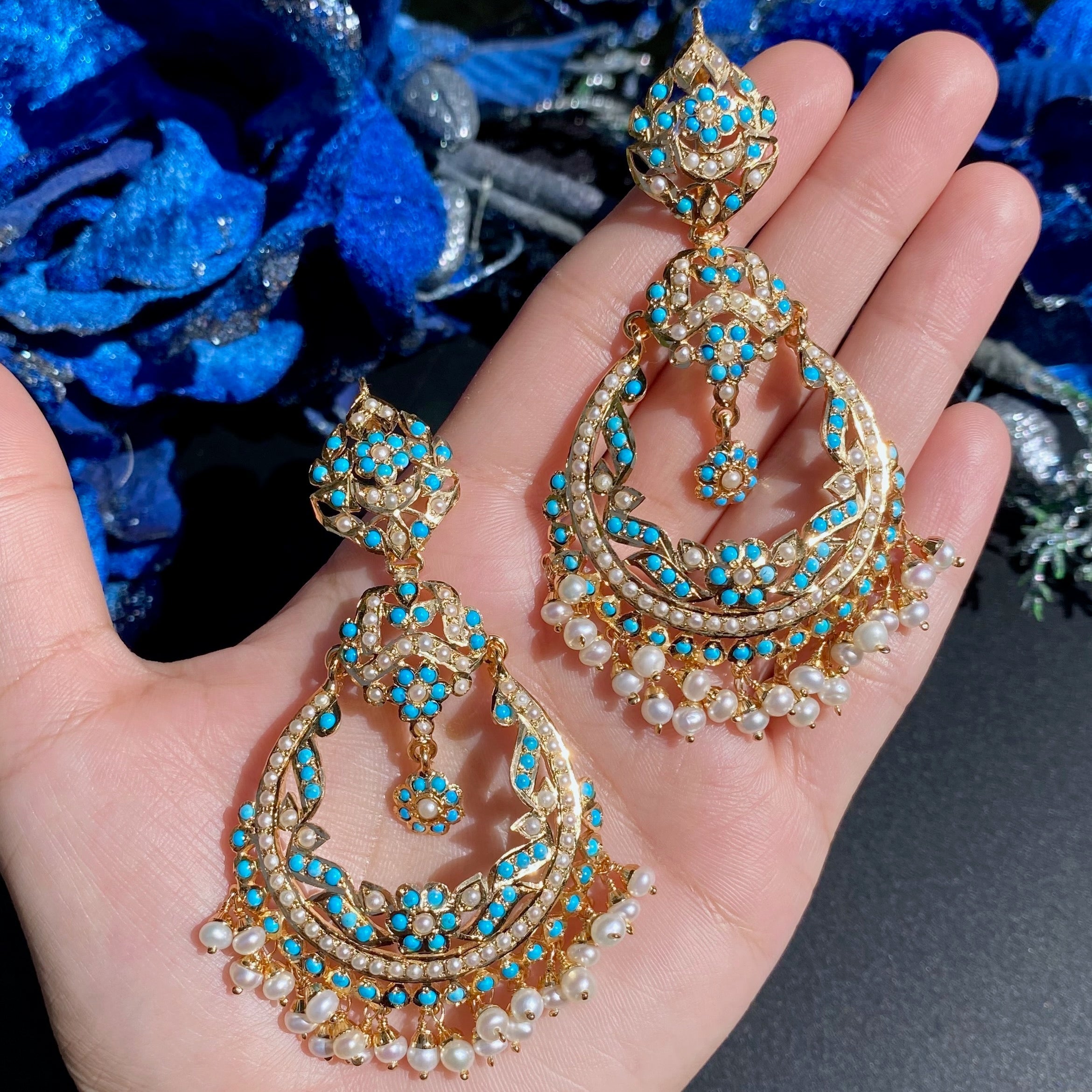 feroza and pearl chandbali earrings | indian turquoise earrings