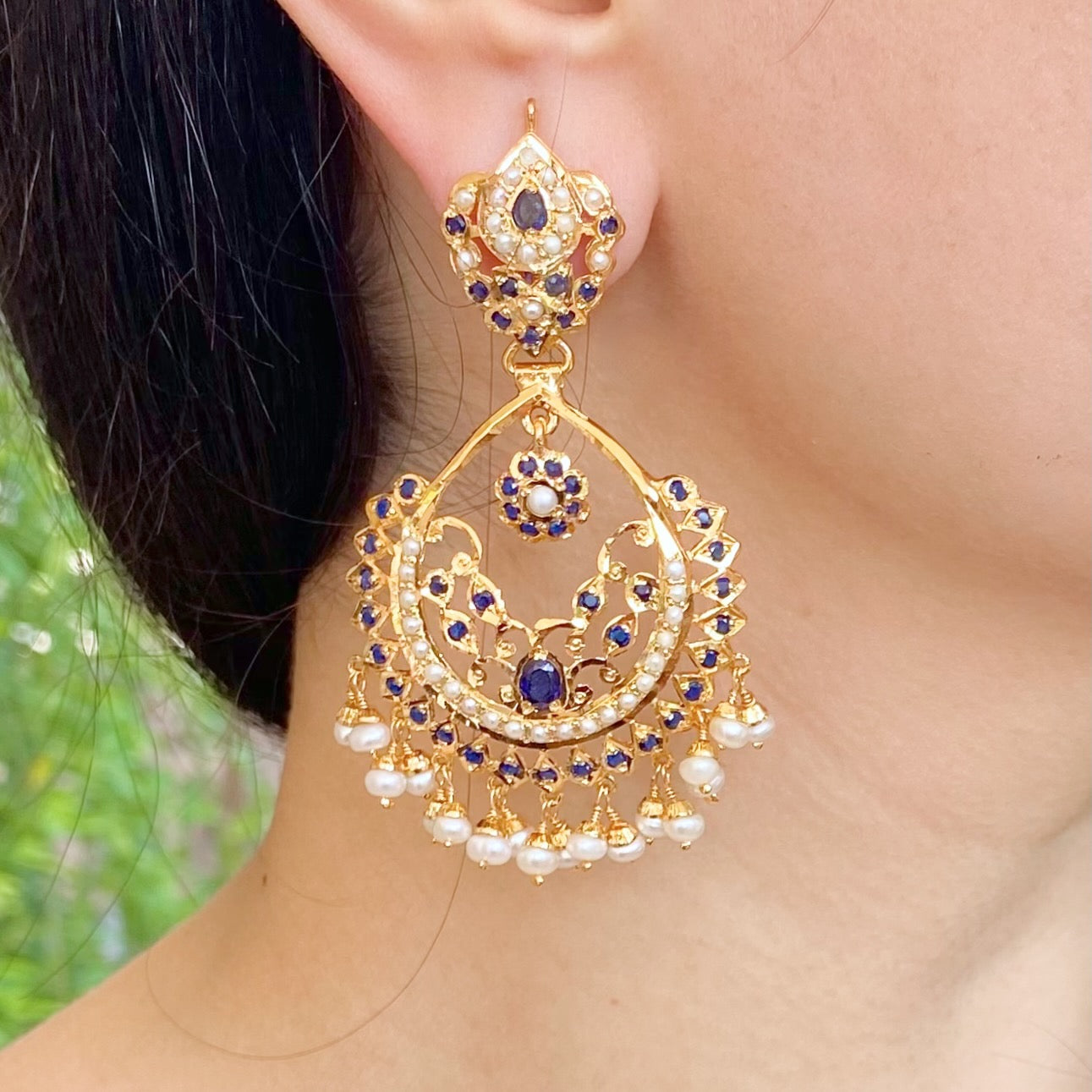 chandbali earrings with blue sapphires