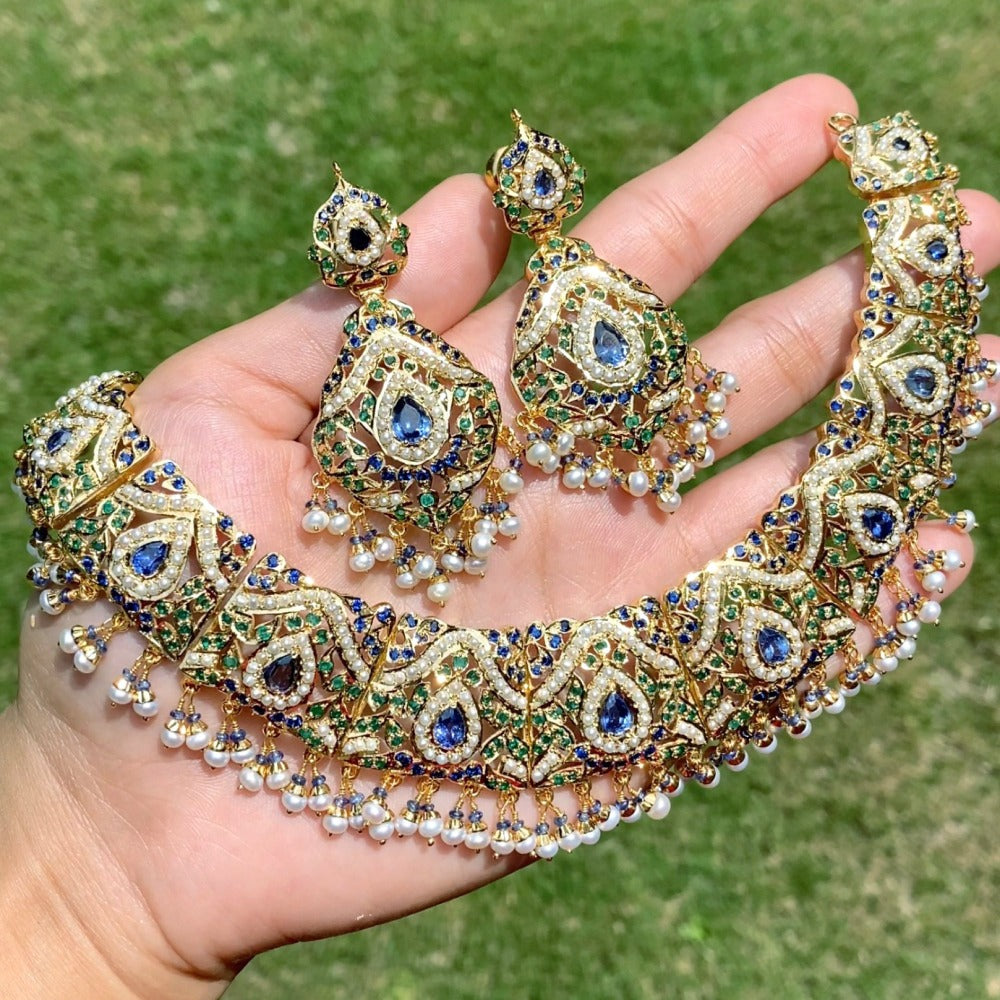 punjabi necklace set made with indian jadau technique on sterling silver with gold plating and studded with stones