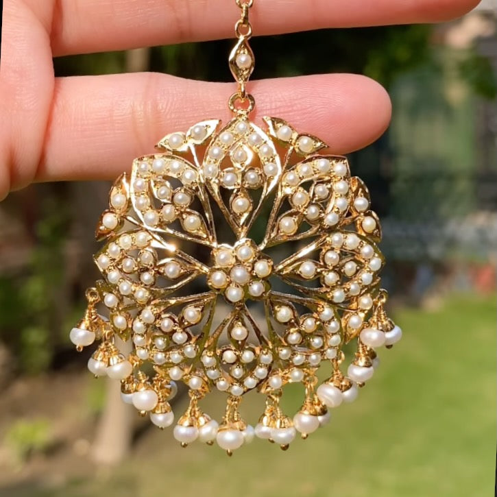 big round pearl maang tikka made on silver with gold plating