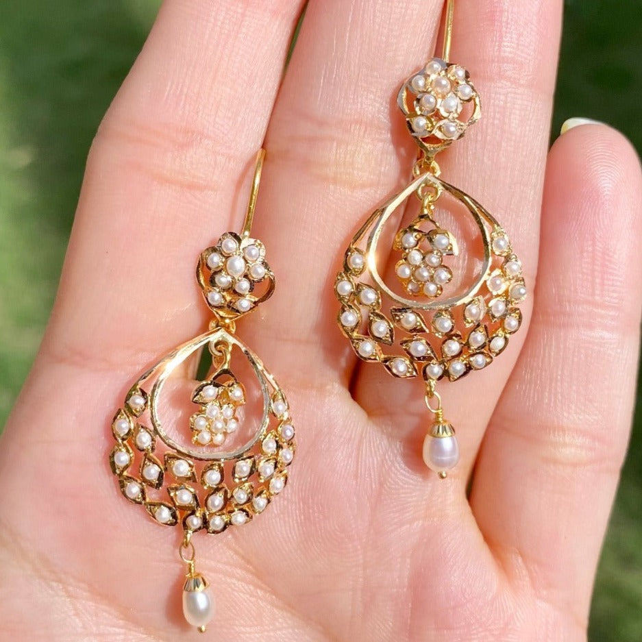 Pearl Chandbalis | 22k Gold Jadau Chandbali Earrings | Freshwater Pearls