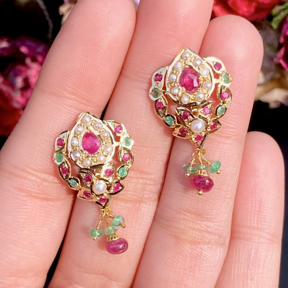 ruby emerald studs on 22k gold