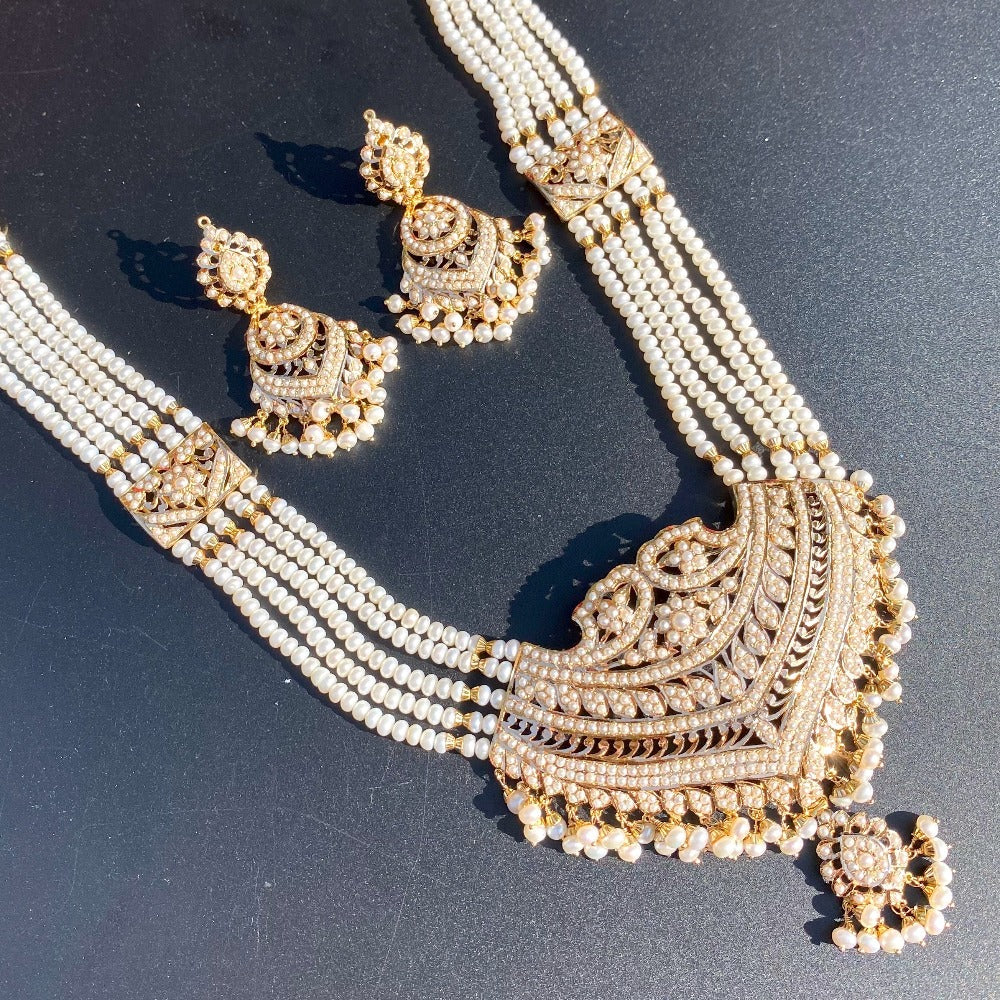 indian rani haar set in 22k gold studded with real pearls