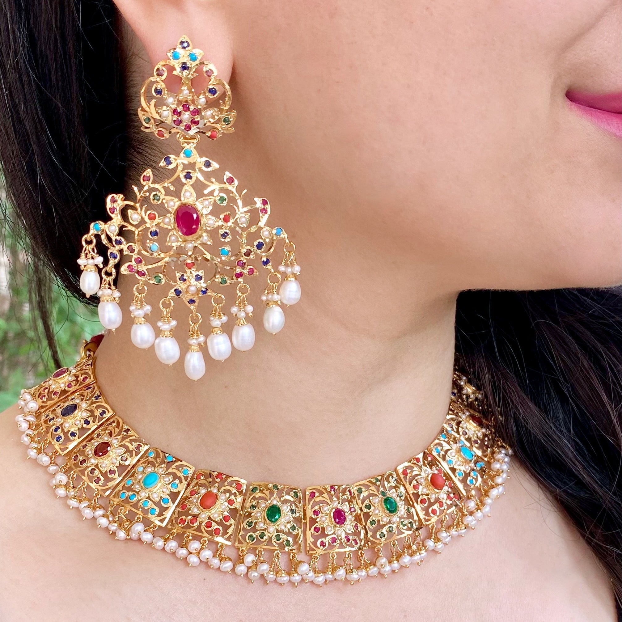 bridal wear indian necklace set on sterling silver with gold plating