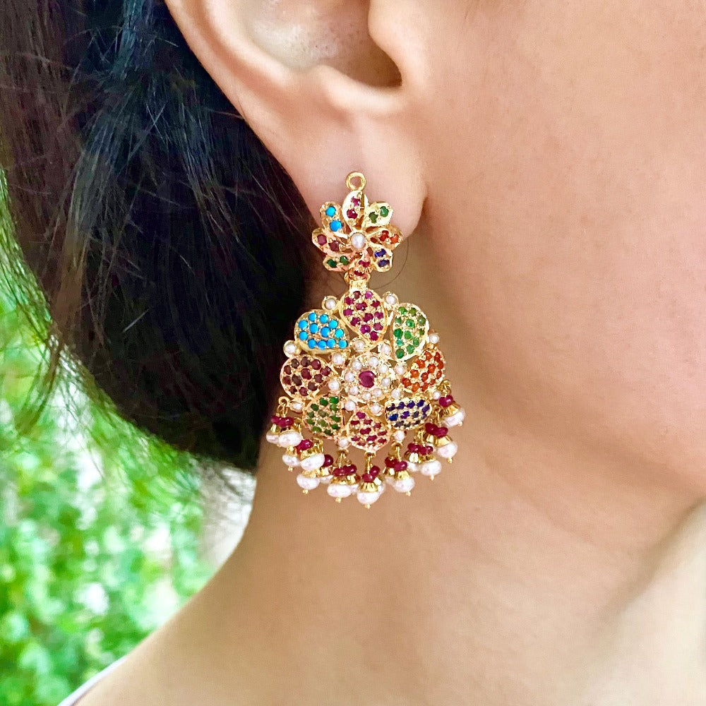 22 gold navaratna earrings for women online. Choose designs from indian chandbalis, jhumkas, studs and danglers