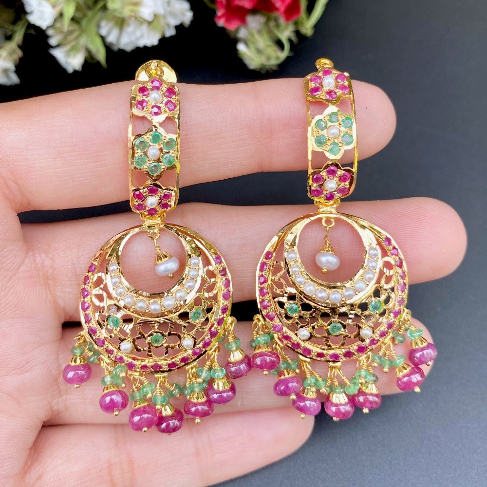 22k gold chandbali earrings studded with precious rubies emeralds and pearls