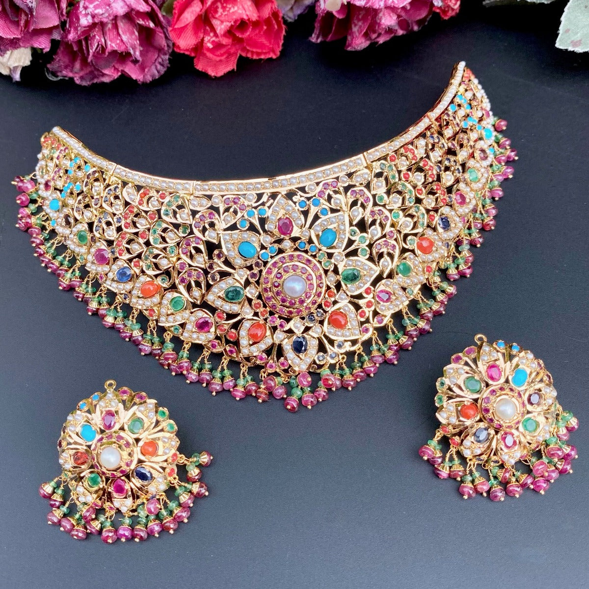 22k gold navaratna choker necklace sets for women online studded with precious stones and freshwater pearls