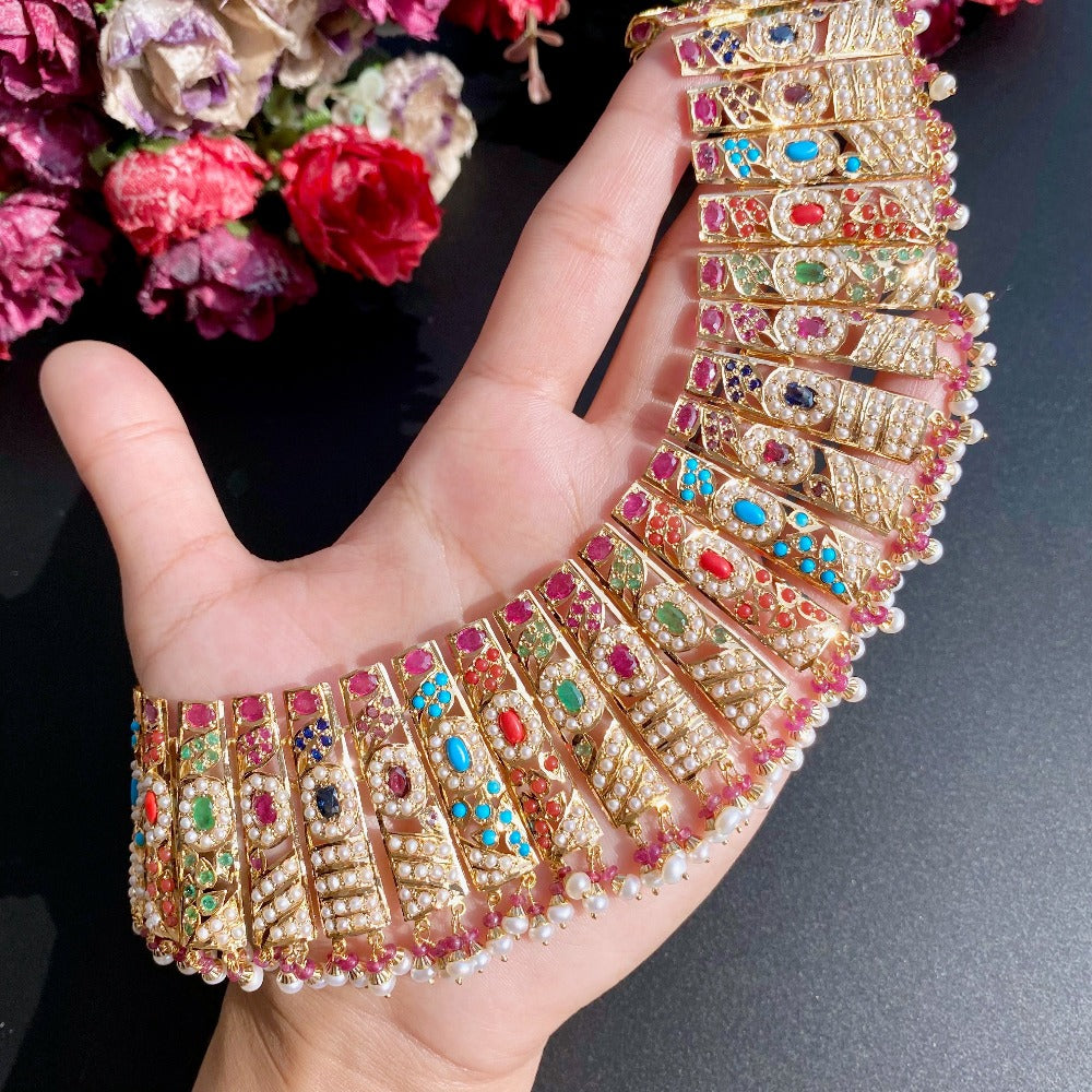 gold nauratan jewelry with real stones