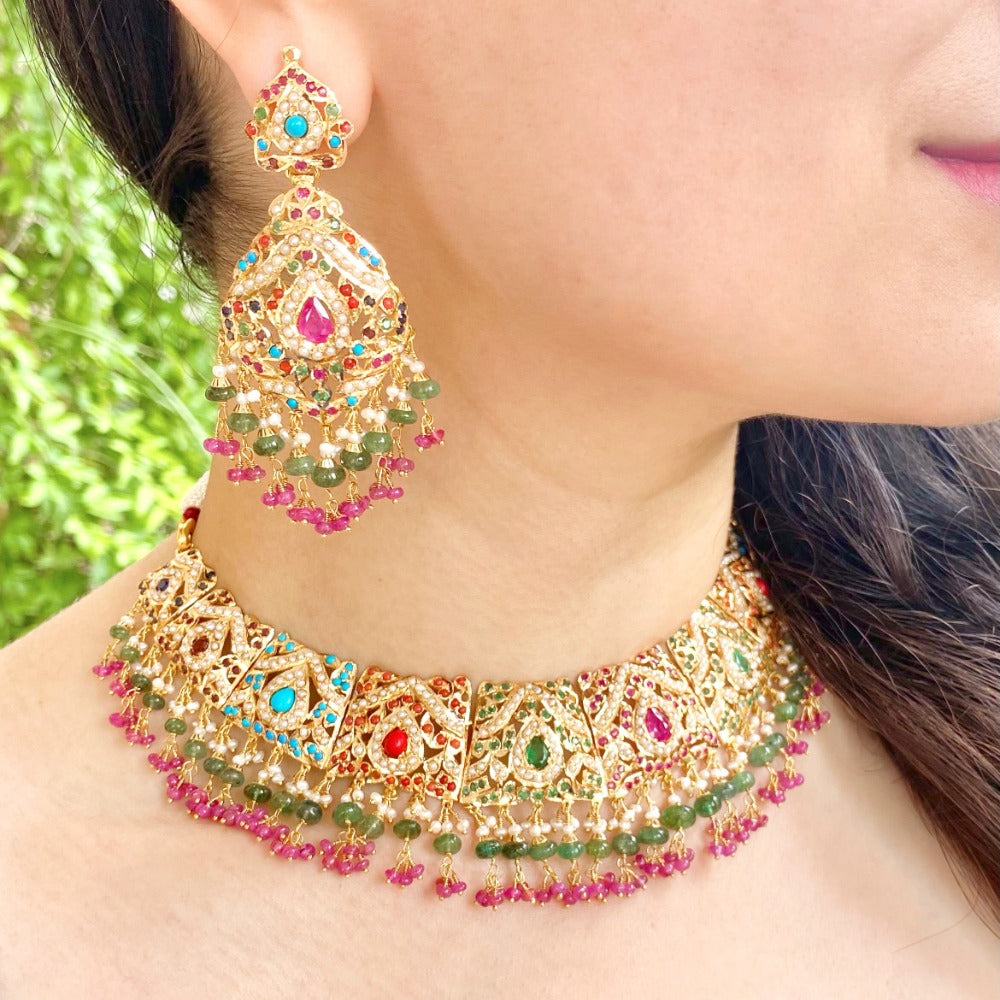 22k gold navratna jadau set under 10 total for wedding