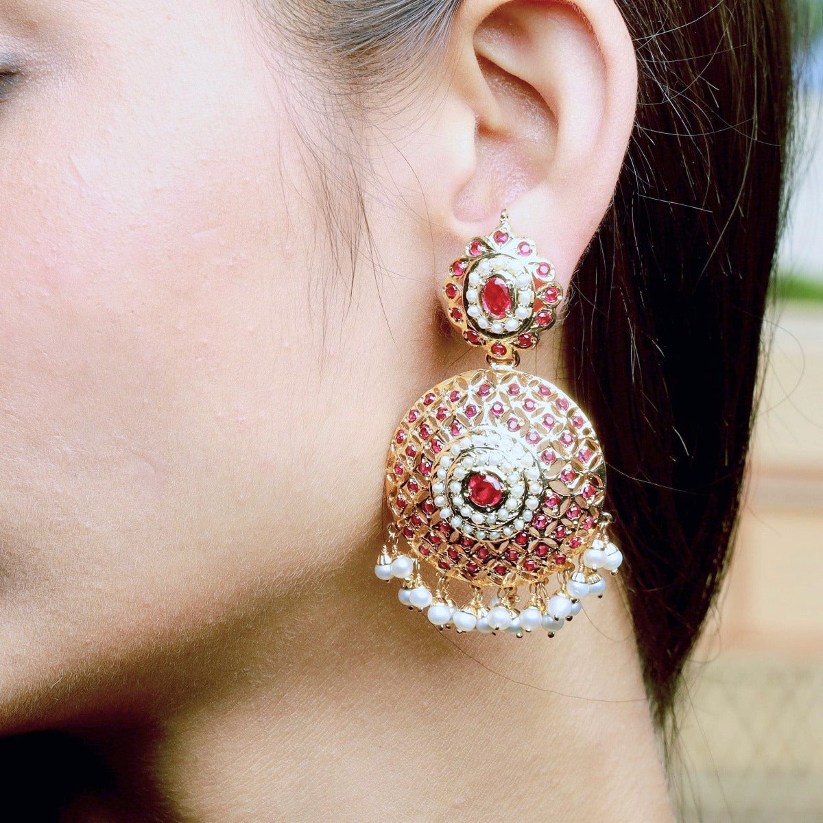 Round Jadau Earrings | Red and White Jadau Danglers ER 027