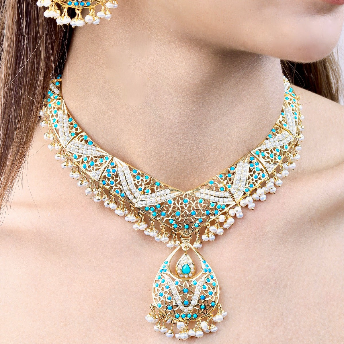 Feroza & Pearl Necklace Set | Gold Plated Silver Necklace Set Online NS 123