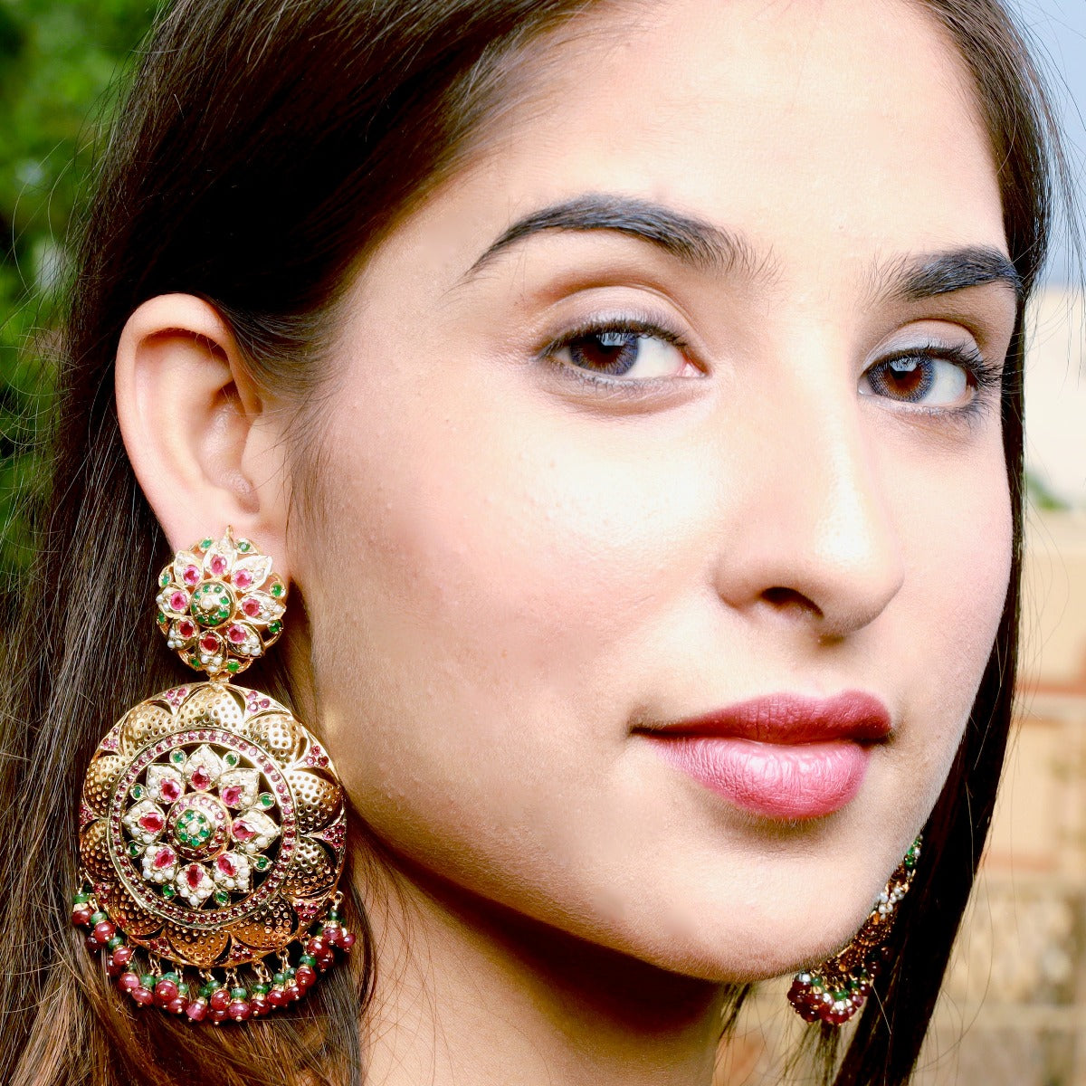 Large Round Jadau Earrings in Gold Finished Silver ER 002