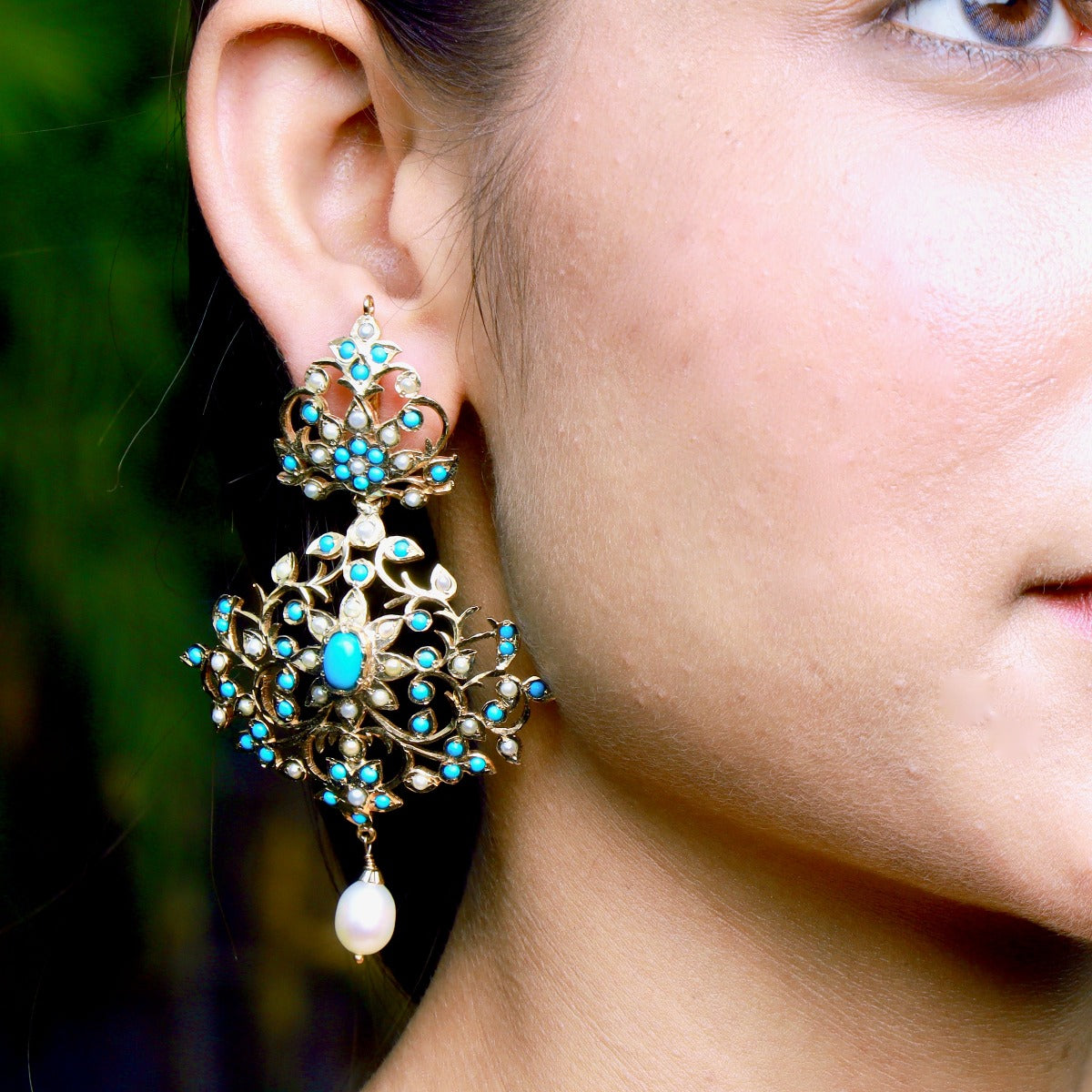 Unique Indian Earrings | Turquoise & Pearls Studded | 92.5 Silver with Gold Plating ER 021