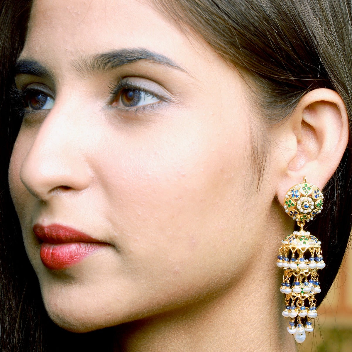 Multicolored Jadau Tripple Jhumka Earrings in Gold Plated Silver ER 213