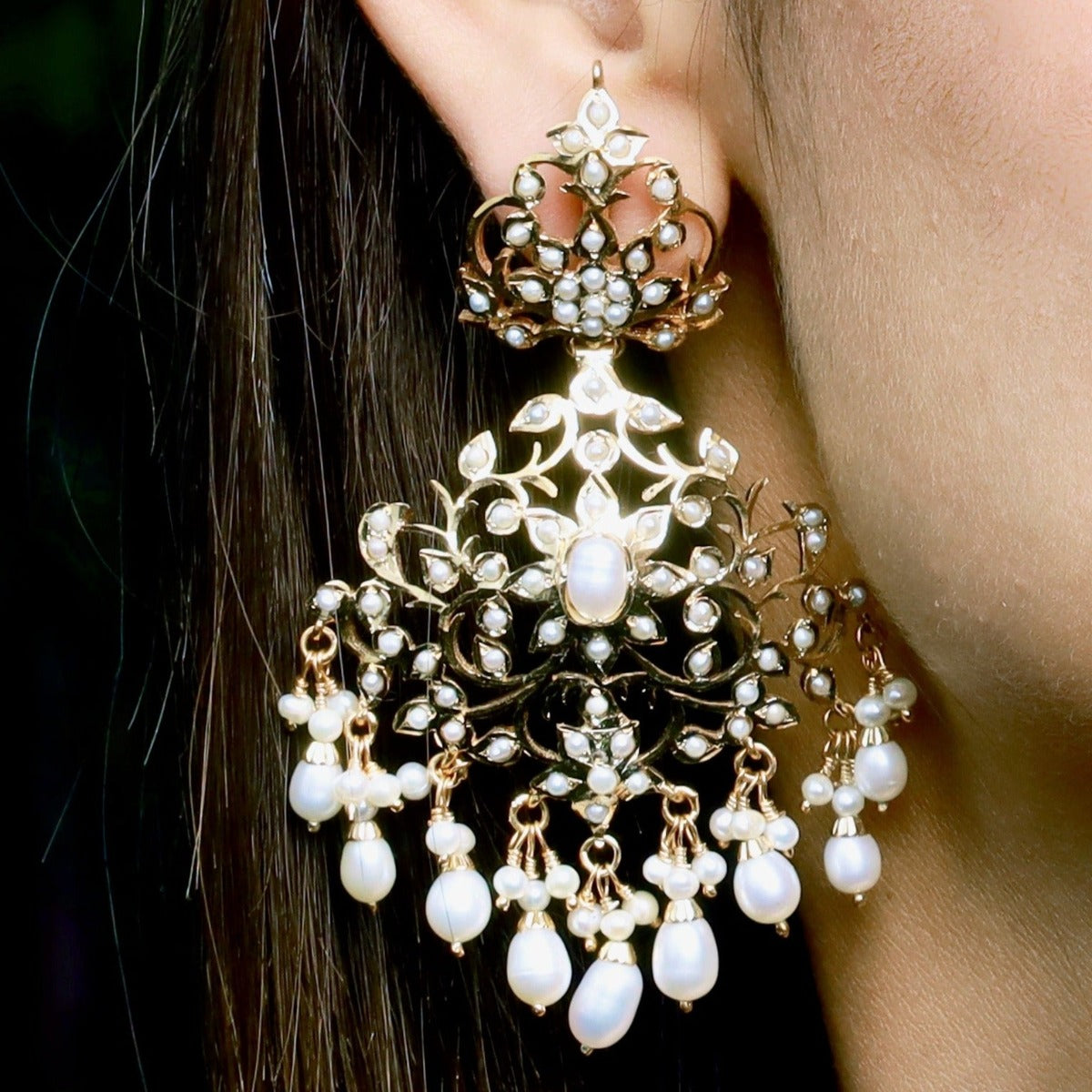 Statement Jadau Earrings set with Pearls in Gold Plated Silver ER 170