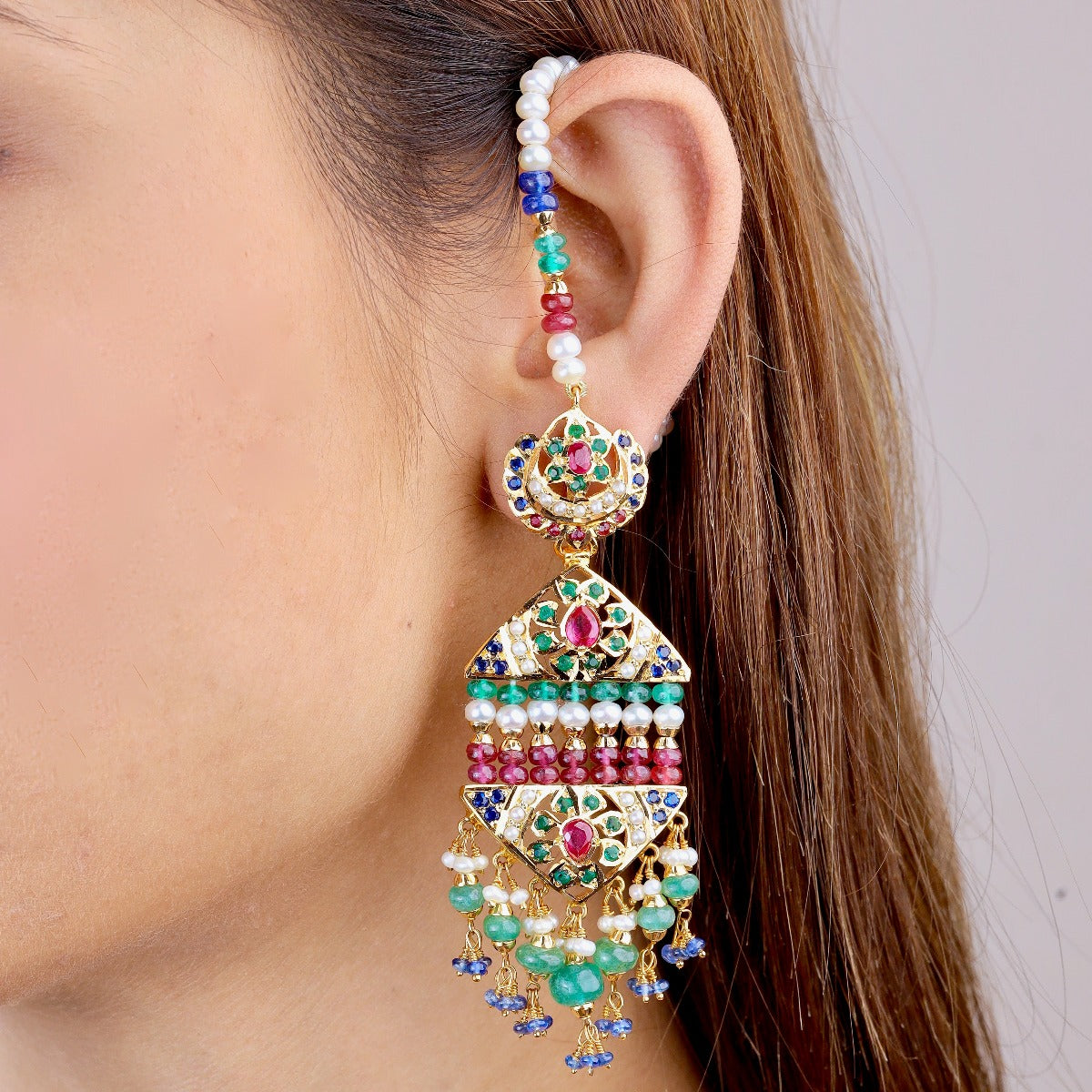 Multicolored Jadau Jhoomer Earrings in Gold Plated Silver ER 239A