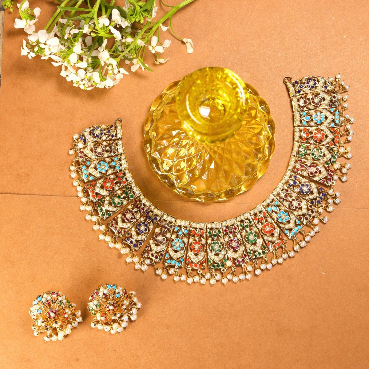 Gold Finished Necklace Set in Sterling Silver Studded With Navratna Stones NS 025D