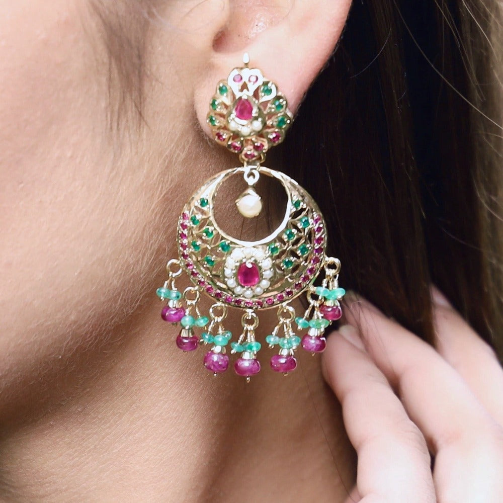 Multicolored Jadau Chandbali Earrings in Gold Plated Silver ER 103