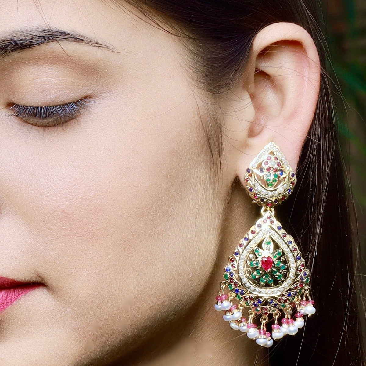 Multicolored Jadau Earrings in Gold Plated Silver  ER 161