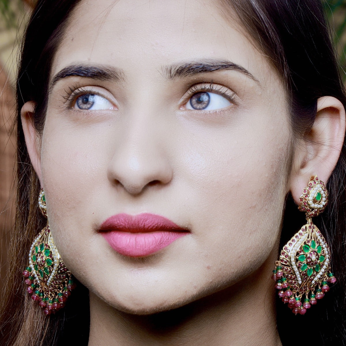 Emeralds Accentuated Jadau Earrings in Gold Plated Silver  ER 173