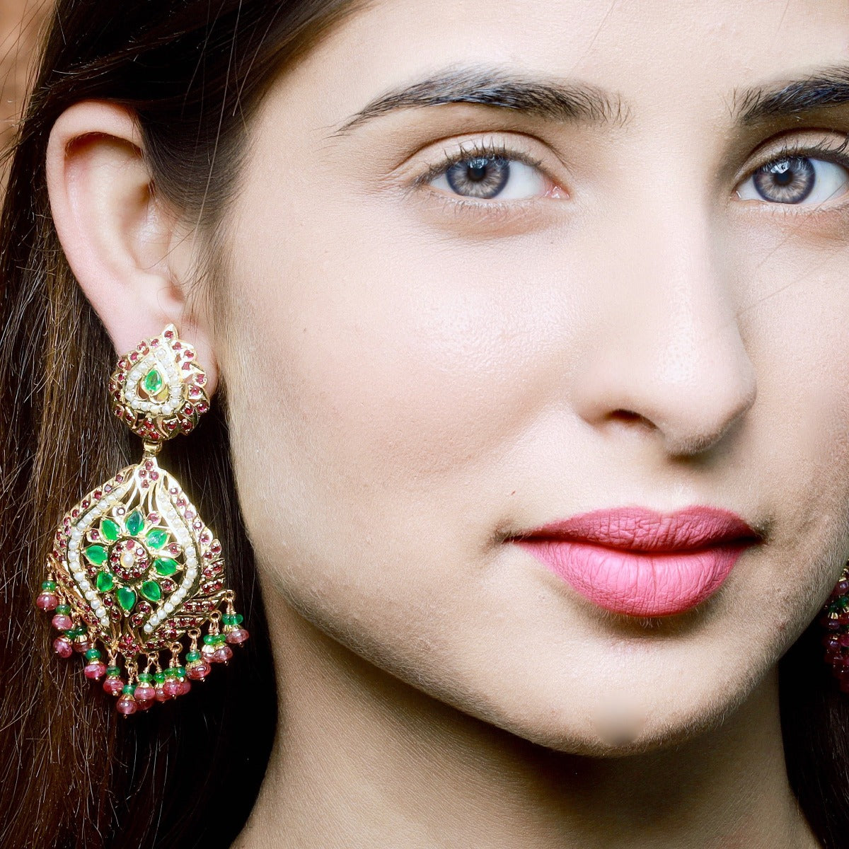 Emeralds Accentuated Jadau Earrings in Gold Plated Silver  ER 173