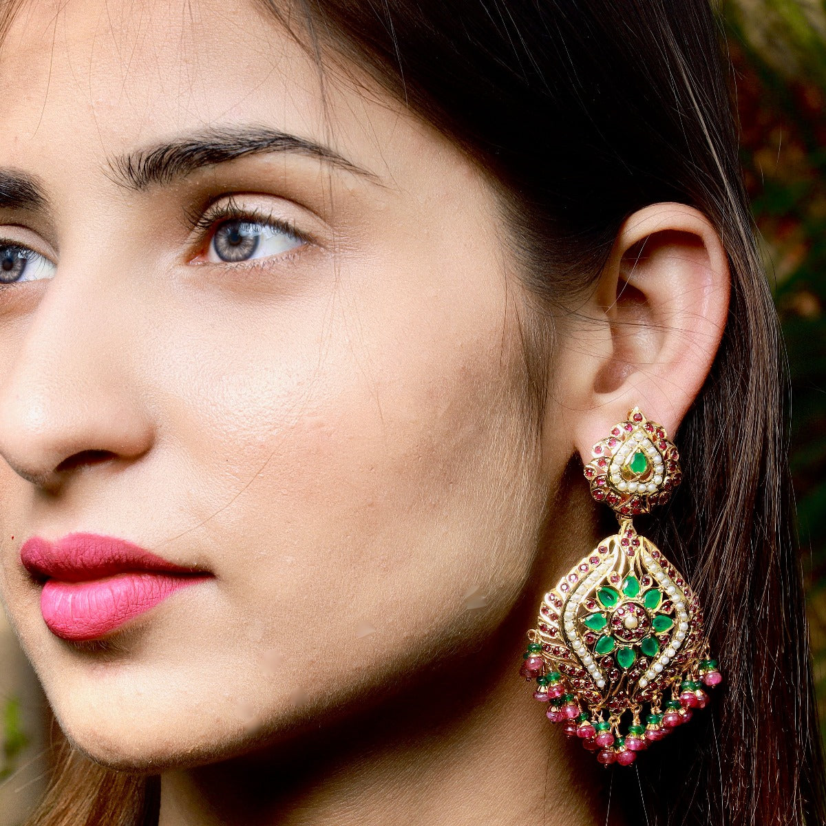 Emeralds Accentuated Jadau Earrings in Gold Plated Silver  ER 173