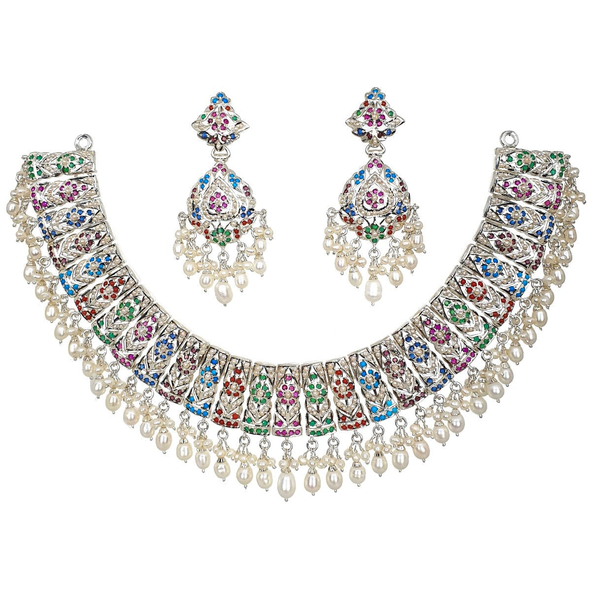 Navaratna Necklace set in silver finish NS 010A