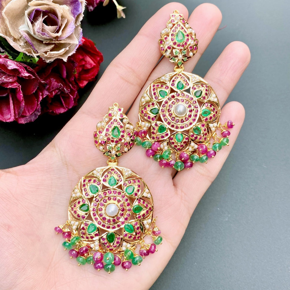 indian earrings ruby emerald pearl