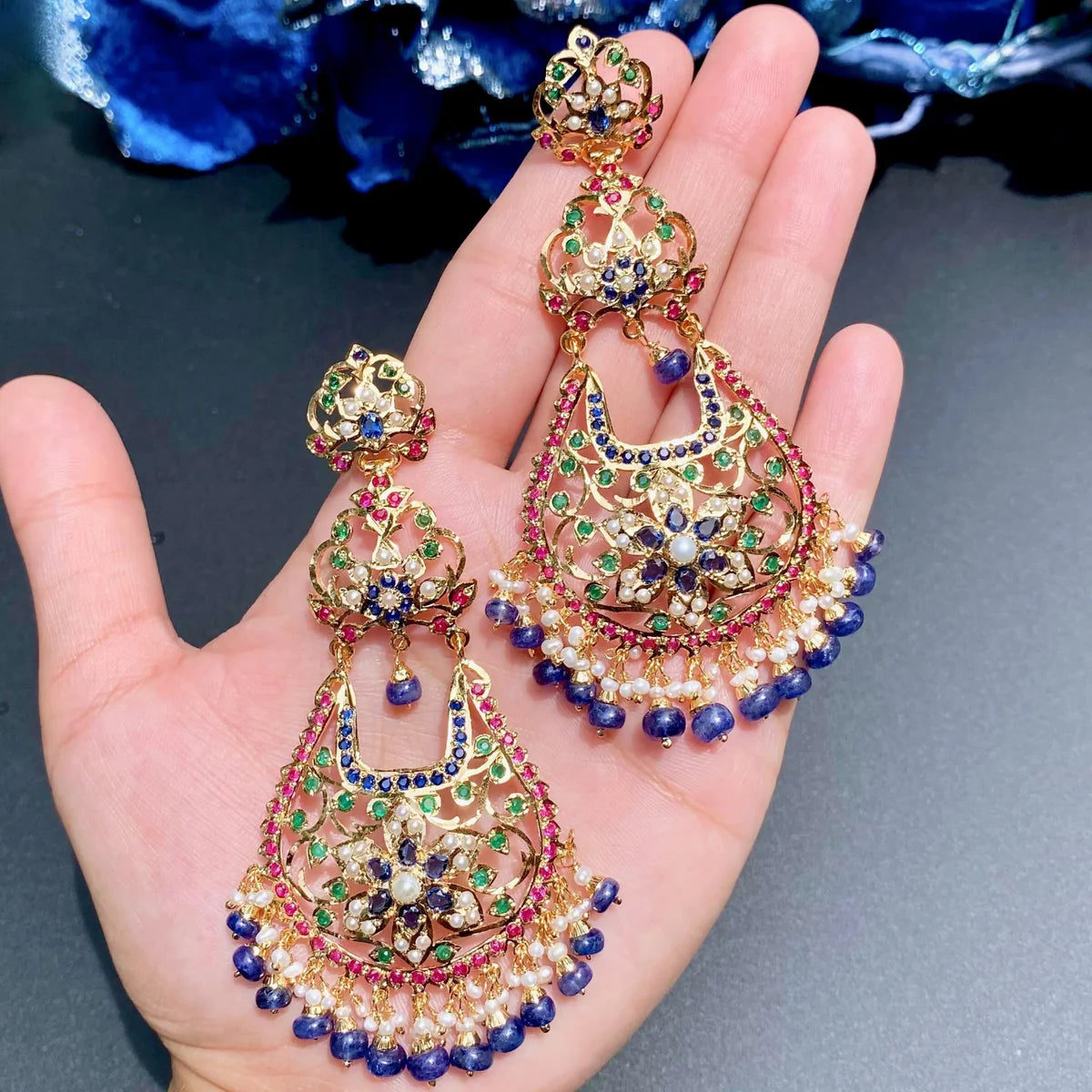 Long Chandbali Earrings | Handcrafted Indian Jewellery | Blue Sapphire Earrings ER 450E