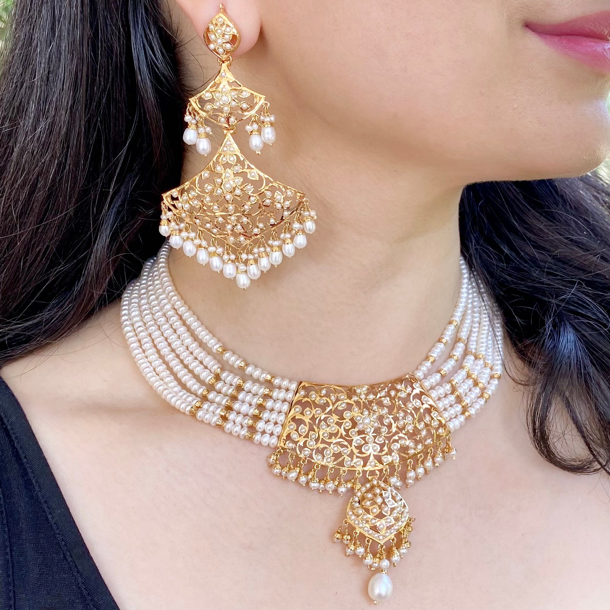 Gold Plated Pearl Choker | Statement Earrings | Real Pearls & 925 Silver NS 219