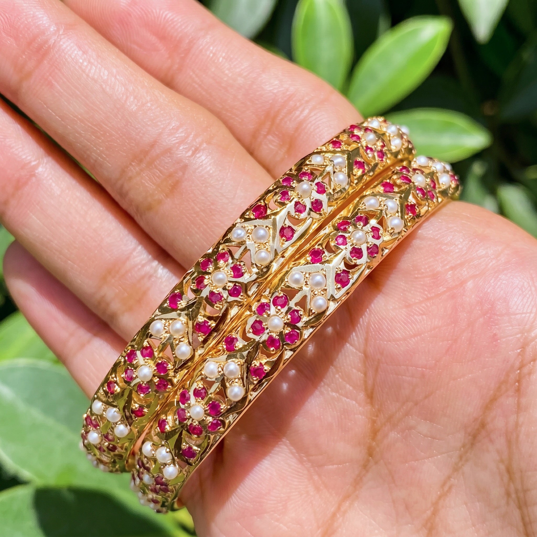 ruby pearl bangles in gold plated silver